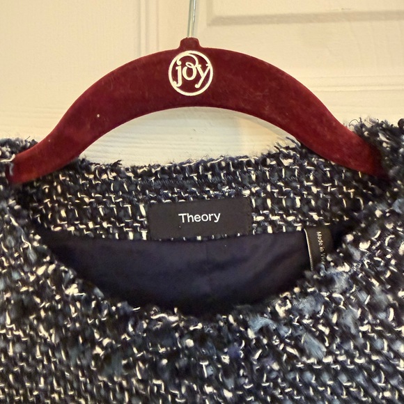 Theory New Blue & White Tweed Cropped Collarless Jacket Size 10 - Picture 5 of 12